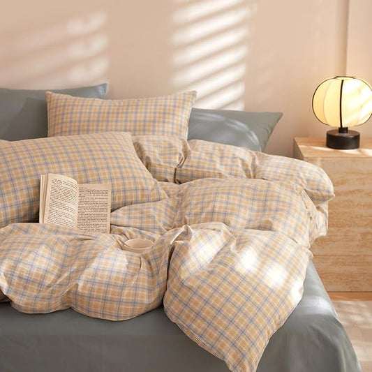 Plaid XL Twin Comforter Set Washed Cotton Down Alternative Bedding Set All Season Fluffy Puffy Boho Bedding Comforter Sets Comfy Soft Cute Machine Washable Bed Comforter with 2 Pillowcases