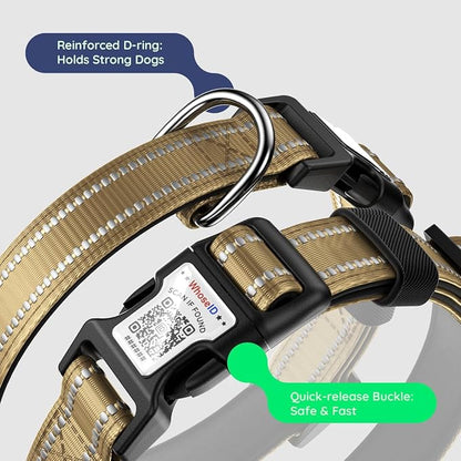 Airtag Dog Collar, Reflective Ultra-Durable Nylon Padded with QR Buckle & IP68 Waterproof Air Tag Holder Compatible for Apple AirTag, Comfortable for Small Medium Large Dogs (Brown,XL)