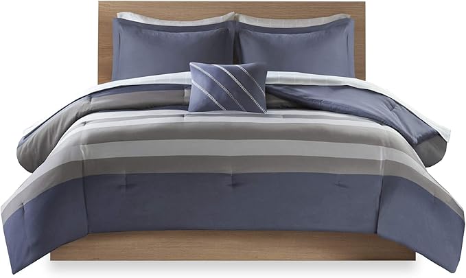 Intelligent Design Marsden Comforter Stripes Design Embroidered Toss Pillow Casual All Season Bedding Matching Sham and Complete Sheet Set, Twin, Blue/Grey 6 Piece