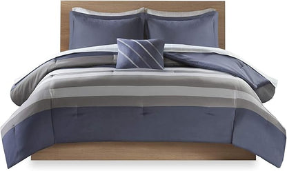 Intelligent Design Marsden Comforter Stripes Design Embroidered Toss Pillow Casual All Season Bedding Matching Sham and Complete Sheet Set, Twin XL, Blue/Grey 6 Piece