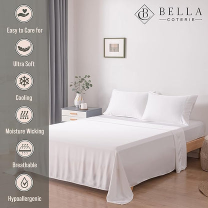 Bella Coterie Luxury Bamboo Viscose Twin XL Size Sheet Set | 100% Organically Grown | Ultra Soft | Cooling for Hot Sleepers | 18" Deep Pocket [White]