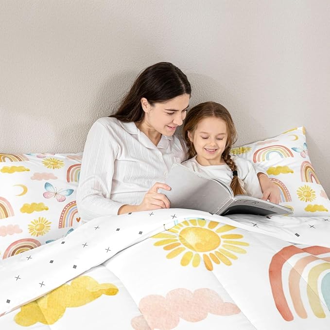 Rainbow Comforter Set King Size, Girls Butterfly Bedding Sets, Cartoon Rainbow Quilt Sets, Colorful Sun Clouds Comforters, Iridescent Print Down Comforter, Geometric Stripes Soft Lightweight Bedding
