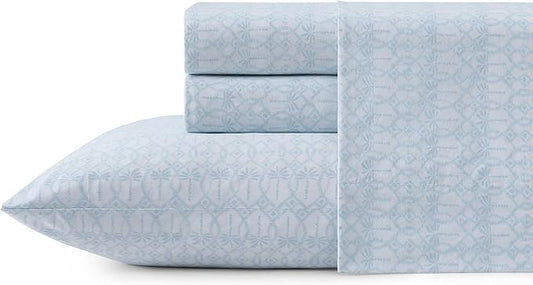 Tommy Bahama - Queen Size Sheet Set, 100% Cotton Percale Bedding with a Crisp & Cool Feel, Bed Sheets with Matching Fitted Sheet & Pillowcases (Palm Tree Ikat Blue)