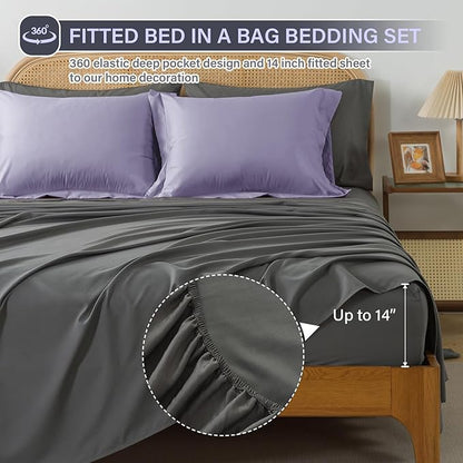 Cosybay Bed in a Bag Full Reversible Comforter Sets 7pcs All Season Down Alternative Bedding Sets Lavender and Grey with Comforter, Pillow Shams, Flat Sheet, Fitted Sheet and Pillowcase