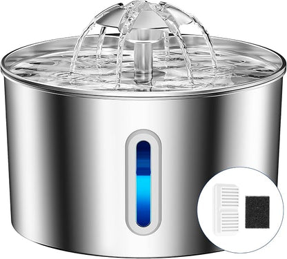 Stainless Steel Cat Water Fountain - 108oz/3.2l Metal Pet Water Bowl Dispenser with Quiet Pump - Automatic Water Fountains for Dog/Cats Drinking - Pets Waterer Indoor with Replacement Filters