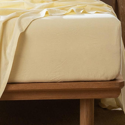 MooMee Fitted Bottom Sheet Only 100% Washed Cotton Linen Like Textured Breathable Durable Soft Comfy Deep Pocket Fits Mattress up to 17" (Heathered Butter Yellow, Full)