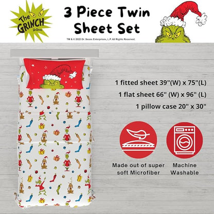 Collectibles Dr. Seuss The Grinch Holiday & Christmas Bedding Super Soft Microfiber 3 Piece Twin Sheet Set, (Officially Licensed Product) by Franco