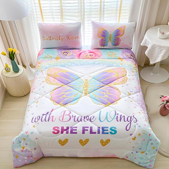 Cokouchyi Twin Size Comforter Set for Girls, 5-Piece Bed in a Bag, 3D Colorful Butterfly Bedding Comforter Sheet Set, Ultra Soft and Fluffy, Pink & Rainbow Color