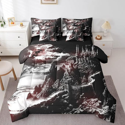 Erosebridal Gothic Dragon Bed in a Bag King Size Comforter Set 7 Pieces,Fantasy Castle Dark Sky Bedding Sets Vintage Mythical Animal Sheet Set with Comforter