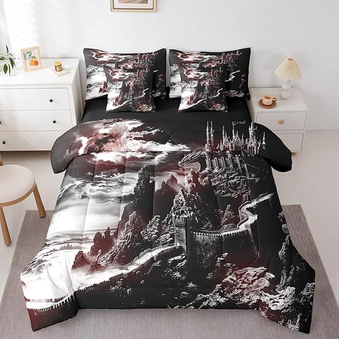 Erosebridal Gothic Dragon 7 Piece Comforter Set Full Bed in a Bag,Fantasy Castle Dark Sky Bedding Sets Vintage Mythical Animal Sheet Set with Comforter