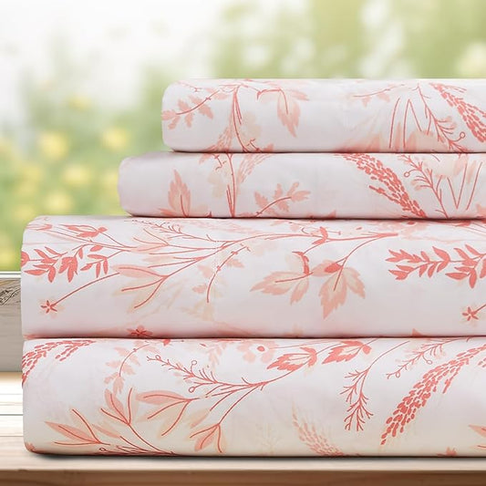 DREAMCARE Queen Size Sheets - Floral Sheets Queen Size Bed Set - 4pcs Queen Sheet Set - Cooling Bed Sheets - Queen Size Sheet Sets - Soft & Long Lasting 100% Brushed Floral Bed Set - Floral Pink