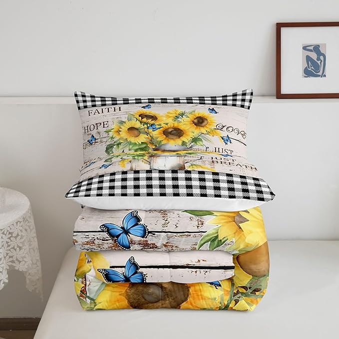 Castle Fairy Yellow Sunflowers Comforter Set King,Rustic Farmhouse Style Bedding Set for Boys Girls Teens Bedroom Decor,Black White Plaid Retro Gingham Quilt Set Super Soft Duvet Set,Gift for Her Him