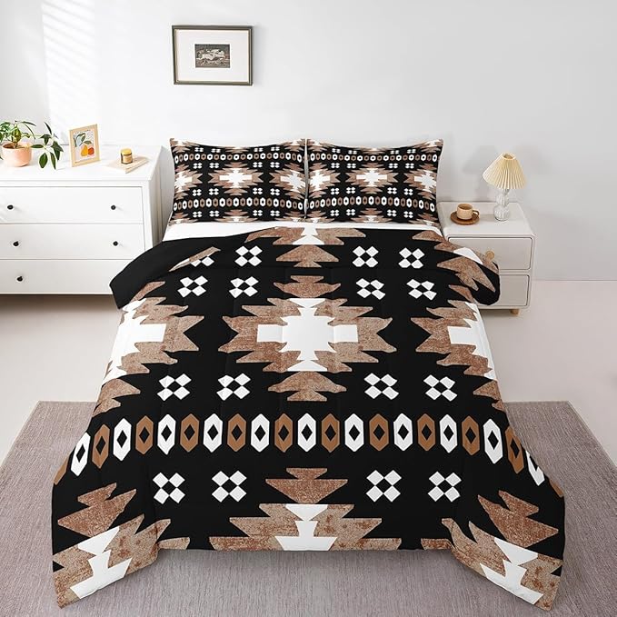 Feelyou Boho Comforter Set Toddler Size Southwest Native American Design Comforter Southwestern Geometric Bedding Set Western Decor Duvet Set Brown Balck Quilt Set