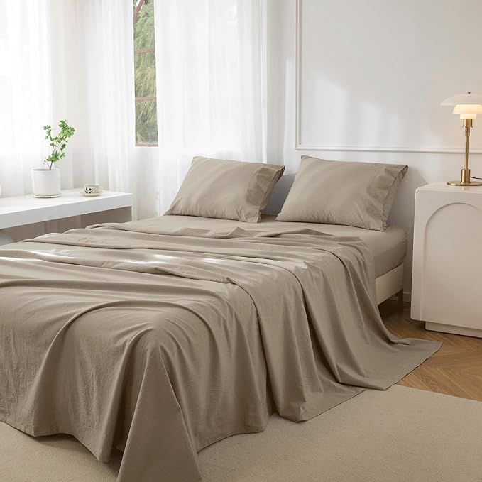 JIYUAN California King Size Sheet Set, 4-Piece - 100% Washed Cotton, Linen-Like Soft & Breathable, Includes Deep Pocket Fitted & Flat Sheet with 2 Pillowcases, Hotel Quality, Solid Khaki