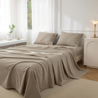 JIYUAN California King Size Sheet Set, 4-Piece - 100% Washed Cotton, Linen-Like Soft & Breathable, Includes Deep Pocket Fitted & Flat Sheet with 2 Pillowcases, Hotel Quality, Solid Khaki