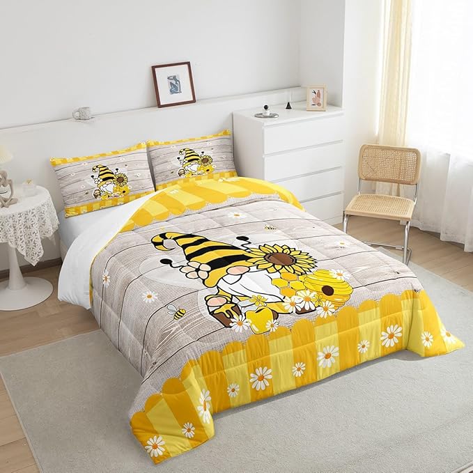 Erosebridal Bee Gnome Comforter Set Full, Sunflower Daisy Floral Bedding Set for Kids Boys Girls, Honeycomb Honey Can Duvet Set Home Room Decor, Yellow Farm Cartoon Soft Down Comforter 3 Pcs