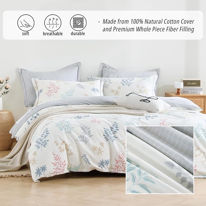 White Cotton Comforter Queen Size 3Pcs - Blue, Beige and Blush Botanicals Pattern on White, Gray Grid Back, Reversible Lightweight Bedding Sets with Soft Fill(Queen, 90"×90")