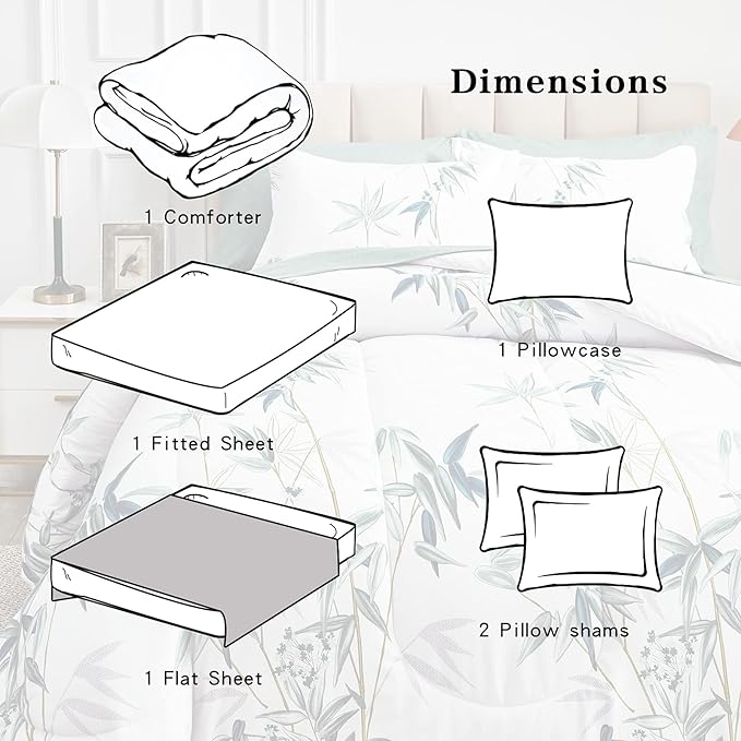 6 Pieces Bed in a Bag Twin Comforter Set with Sheets, Green Leaves on White Botanical Design Bedding Sets for Kids (1 Comforter, 2 Pillow Shams, 1 Flat Sheet, 1 Fitted Sheet, 1 Pillowcases)