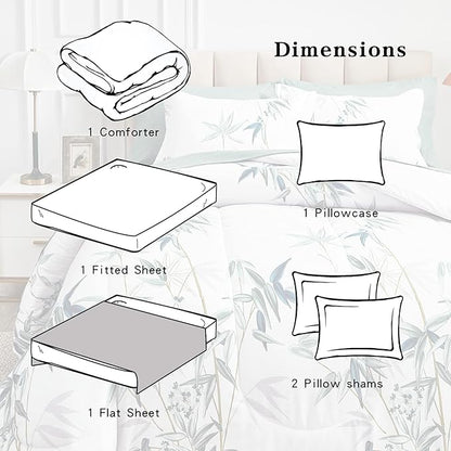 6 Pieces Bed in a Bag Twin Comforter Set with Sheets, Green Leaves on White Botanical Design Bedding Sets for Kids (1 Comforter, 2 Pillow Shams, 1 Flat Sheet, 1 Fitted Sheet, 1 Pillowcases)