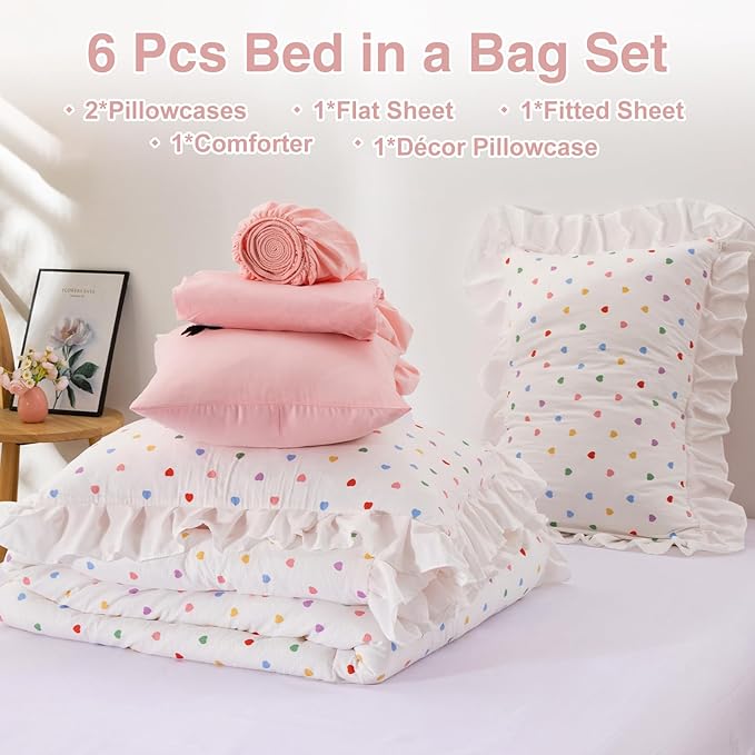 A Nice Night Colorful Heart Love Pattern Bedding Set,Ruffle 6 Piece Bed in a Bag Matching Sheet Set,Princess Chic Style,White Comforter Sets Room Decor for Girls,Queen