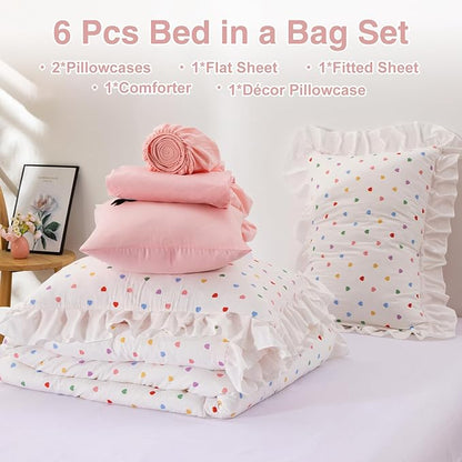 A Nice Night Colorful Heart Love Pattern Bedding Set,Ruffle 6 Piece Bed in a Bag Matching Sheet Set,Princess Chic Style,White Comforter Sets Room Decor for Girls,Full