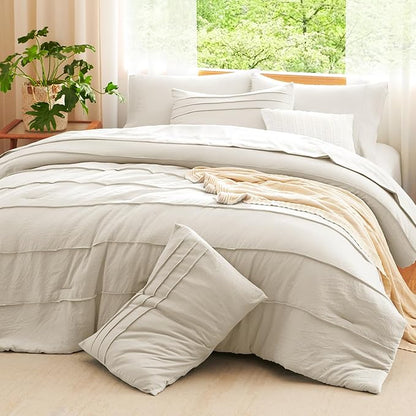 CozyLux King Size Comforter Set Beige, 7 Pieces Soft Pinch Pleat Bed in a Bag King Comforter Set with Sheets, Boho Bed Set with Down Alternative Comforter, Sheets, Pillowcases & Shams