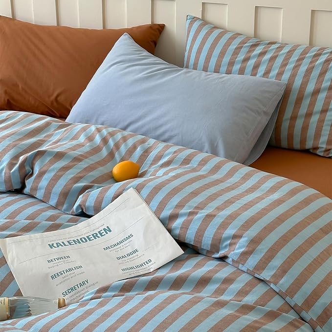 Blue Brown Striped Duvet Cover Set Twin, 100% Washed Cotton Vintage Stripes Pattern Printed Bedding Set, 3 Pieces Farmhouse Striped Comforter Cover, Soft Comfy Breathable Duvet Cover with Zipper