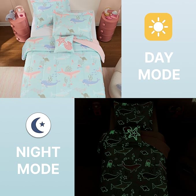 Full Size Comforter Set for Girls-4 Pieces Ocean Animals Glow in the Dark Full Bedding Sets for Kids, 1 Comforter, 2 Shams and 1 Decor Pillow