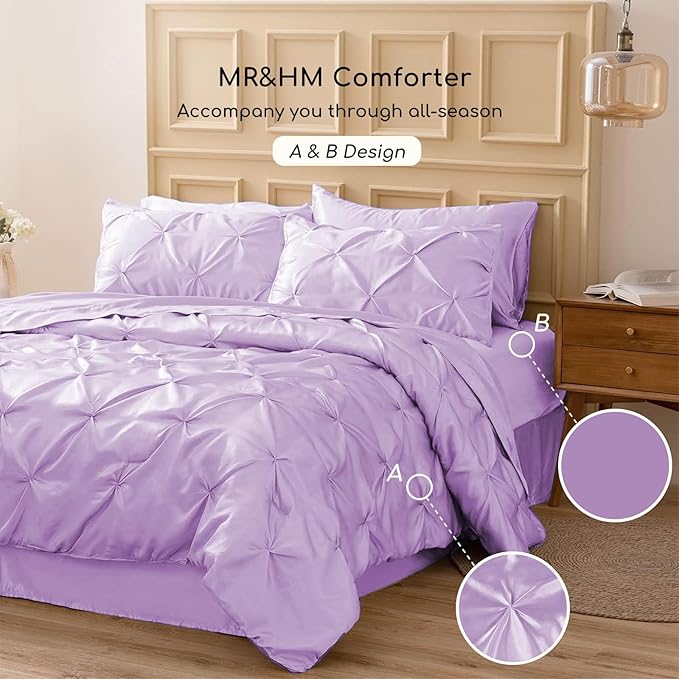 MR&HM Satin Comforter Queen 7 Pieces - Luxurious Pinch Pleat Bedding Set with Comforter, Flat Sheet, Fitted Sheet, Pillowcases & Shams, Super Silky Soft Bed Set for All Season (Queen, Lilac)