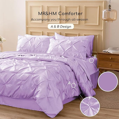 MR&HM Satin Comforter Queen 7 Pieces - Luxurious Pinch Pleat Bedding Set with Comforter, Flat Sheet, Fitted Sheet, Pillowcases & Shams, Super Silky Soft Bed Set for All Season (Queen, Lilac)