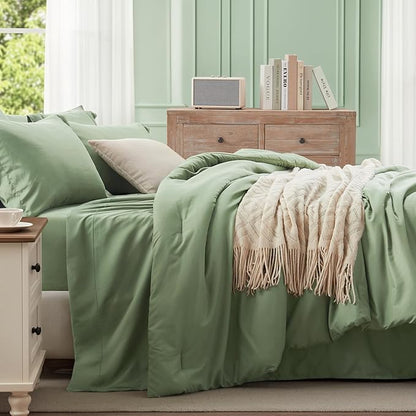 Anluoer Sage Green Full Comforter Set 7 Pieces, Bed in a Bag with Sheets, All Season Bedding Sets with 1 Comforter, 2 Pillow Shams, 2 Pillowcases, 1 Flat Sheet, 1 Fitted Sheet