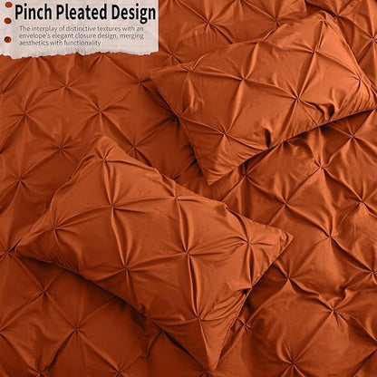 VACVELT 5 Piece Pinch Pleated Duvet Cover California King Size Set, Burnt Orange Pintuck Duvet Cover with Zipper & 8 Ties, Soft Microfiber Duvet Cover + 2 Pillow Shams + 2 Pillowcases, No Comforter