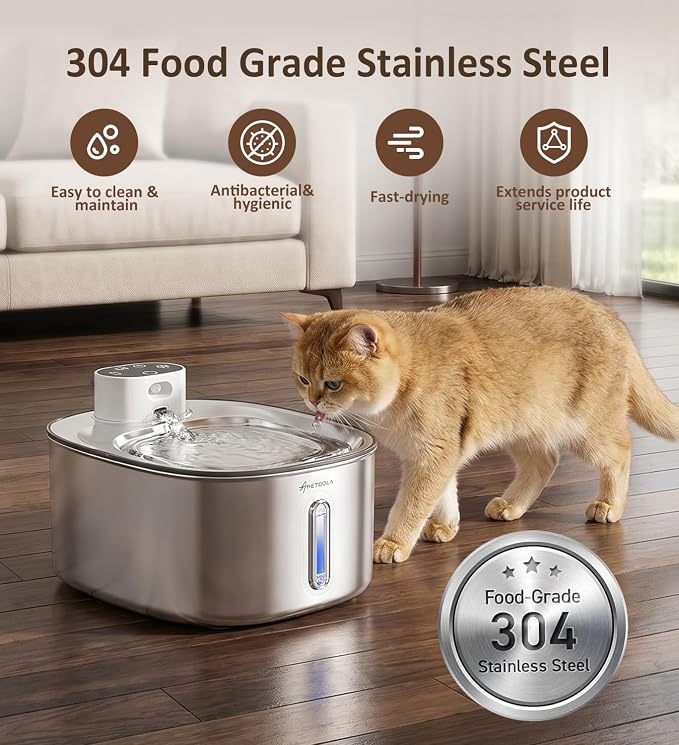 Stainless Steel Cat Water Fountain,152fl-oz/4.5L Wireless Cat Fountain,5000mAh Battery Operated Pet Water Fountain for Cats Dogs,Ultra Quiet