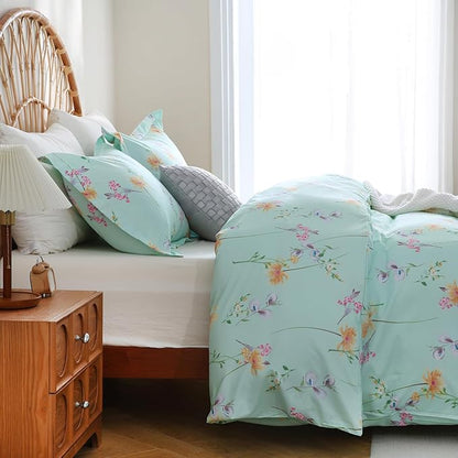 JSD Green Floral Duvet Cover Set Queen Size, 3 Piece Botanical Printed Microfiber Comforter Cover with Corner Ties Zipper Closure
