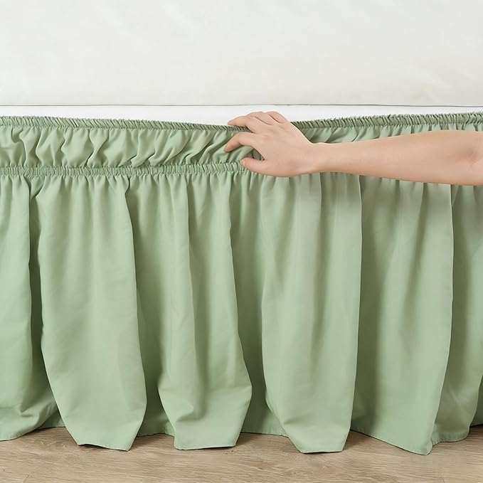 RIMELA Bed Skirt King Size 15 Inch Drop, Wrap Around Elastic Bedskirt for Home, Room Decoration for Women, Pleated Adjustable Dust Ruffle, Light Green, Easy to Install