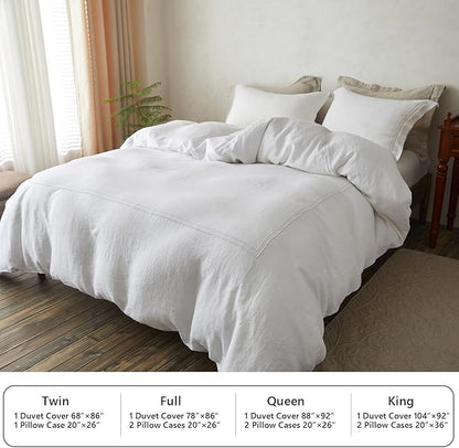 Simple&Opulence 100% Washed Linen Duvet Cover Set 88"x92" - 3 Pieces Soft Farmhouse Comforter Cover Set Double Embroidered with Button Closure - 1 Duvet Cover and 2 Pillowshams (White, Queen)