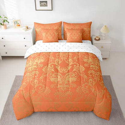 Erosebridal Gothic Damask 7 Piece Comforter Set Full Bed in a Bag,Butterfly Skull Bedding Sets Orange and Yellow Victorian Floral Goth Sheet Set with Comforter