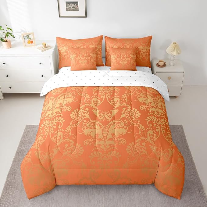 Erosebridal Gothic Damask Bed in a Bag King Size Comforter Set 7 Pieces,Butterfly Skull Bedding Sets Orange and Yellow Victorian Floral Goth Sheet Set with Comforter