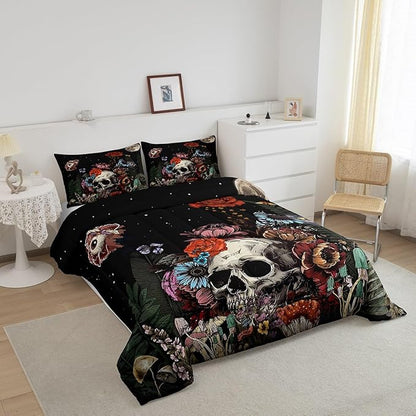 Erosebridal Sugar Skull Bedding Set,Botanical Flower Comforter Set for Kids Boys Girls Home Decor,Starry Sky Duvet Set Trippy Galaxy,Halloween Gothic Down Comforter Soft Lightweight 3Pcs,King Size