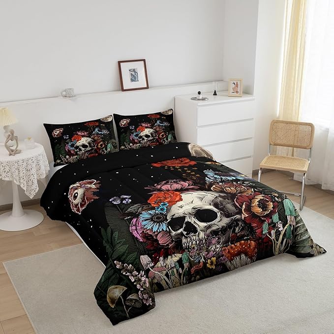 Erosebridal Sugar Skull Bedding Set,Botanical Flower Comforter Set for Kids Boys Girls Home Decor,Starry Sky Duvet Set Trippy Galaxy,Halloween Gothic Down Comforter Soft Lightweight 3Pcs,Full Size