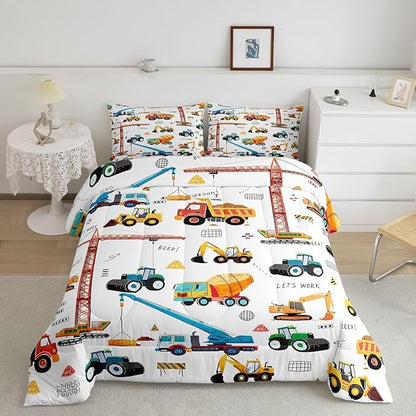 Tractor Comforter, Excavator Machinery Trucks Bedding Set Full Size, Construction Vehicle Down Comforter, Bulldozer Crane Equipment Truck Quilt Set For Child Teens 3Pcs Bedroom Decor, Yellow Green