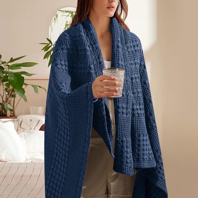 PHF 100% Cotton Waffle Weave Throw Blanket, Soft Lightweight Breathable Cozy Throws for Couch Bed Sofa, Luxury Aesthetic Blanket Gift for Home Decor & Office, 50"x60", Bright Navy