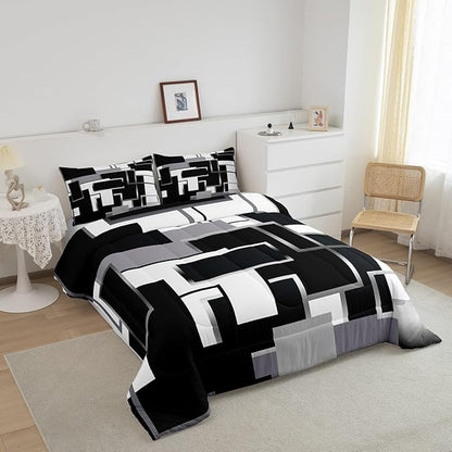 Erosebridal Geometric Comforter Sets Twin Black and White Bedding Set for Kids Teens Youth,Modern Ombre Quilt Set Soft,Mid Century Square Duvet Insert with 1 Pillow Sham Lightweight Warm