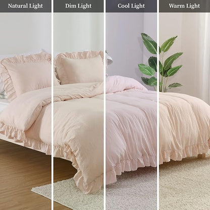 Ruffle Duvet Cover King Size, 3PCS Soft Washed Microfiber Vintage French Country Duvet Cover Set with Button Closure, Pink, 104x90 in