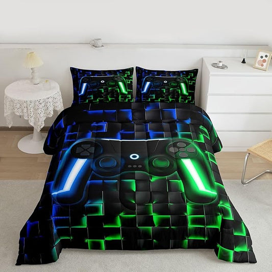Erosebridal Gamer Boys Queen Bedding Sets Gaming Comforter Set for Kids Teen Men,3D Neon Lights Ombre Geometric Checkered Gamepad Bed Comforter Set Soft Lightweight Quilt Duvet,Green Indigo Blue