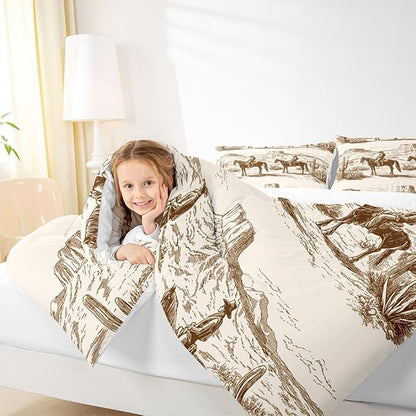 Wild West Comforter Set Queen Cowboys Bedding For Man Teens Boy American Western Desert Hunting Horse Riding Bedding Comforter Sets Hand Drawn Illustration Mountain Cactus Room Decor Duvet Insert