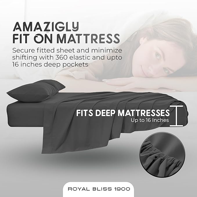 Queen Sheet Set - 4 Piece Bedding - Double Brushed Queen Size Bed Sheets, Deep Pocket (Dark Grey)