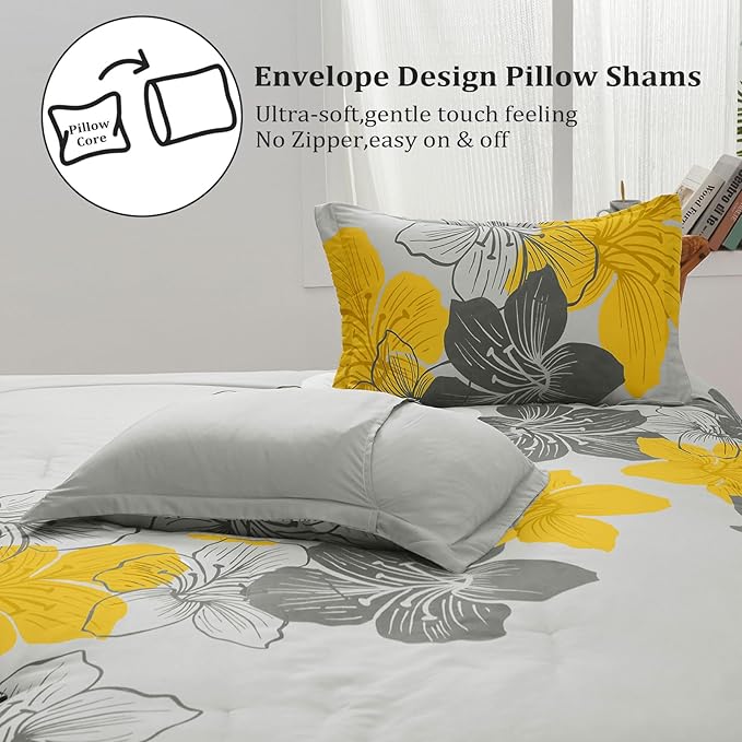 Menghomeus King Comforter Set Yellow Floral and Grey Bedding, Soft Microfiber Bedding Lightweight Boho Bed Comforter Set for All Season (1 Comforter, 2 Pillowcases)