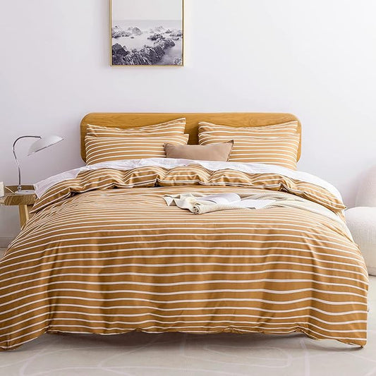 JELLYMONI Full Duvet Cover Set, Cotton Duvet Cover 3 Pieces with Zipper Closure, 1 Duvet Cover and 2 Pillowcases(Rust with White Striped)