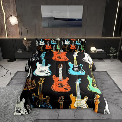 Castle Fairy Colorful Guitar Bedding Set Queen Size Musical Instruments Comforter for Child Toddler Teens Rock Bass Music Lover Down Comforter Sketch Style Guitar Duvet Insert with 2 Pillowcases